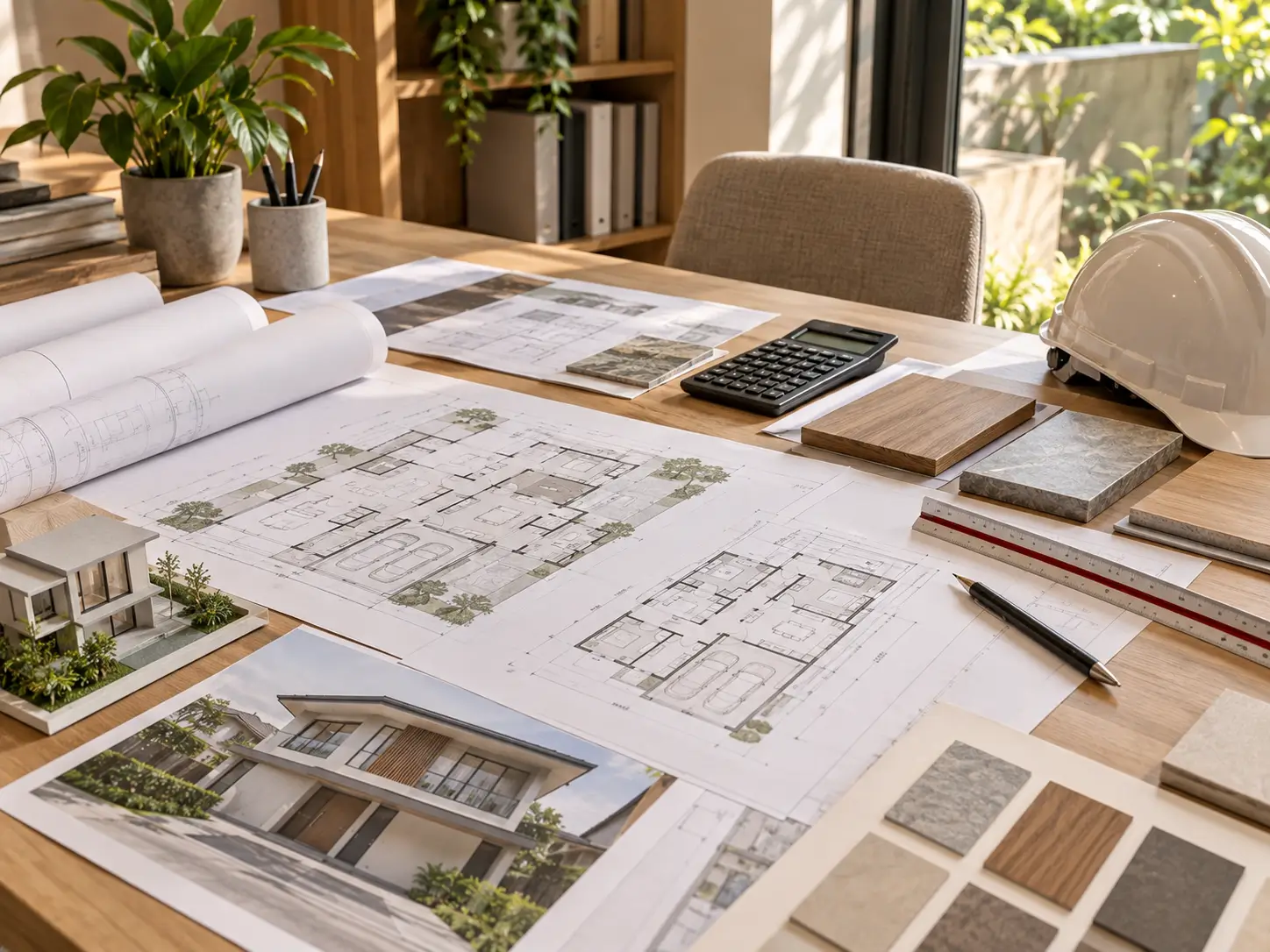 Ilustrasi perencanaan biaya pembangunan rumah dengan gambar arsitektur dan material