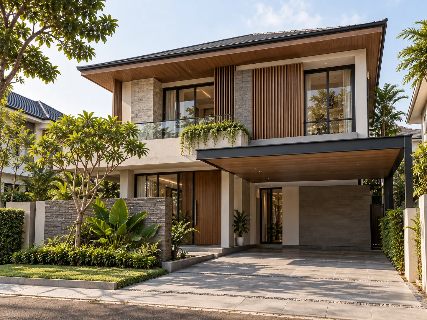 Inspirasi rumah modern tropical dengan elemen kayu dan tanaman