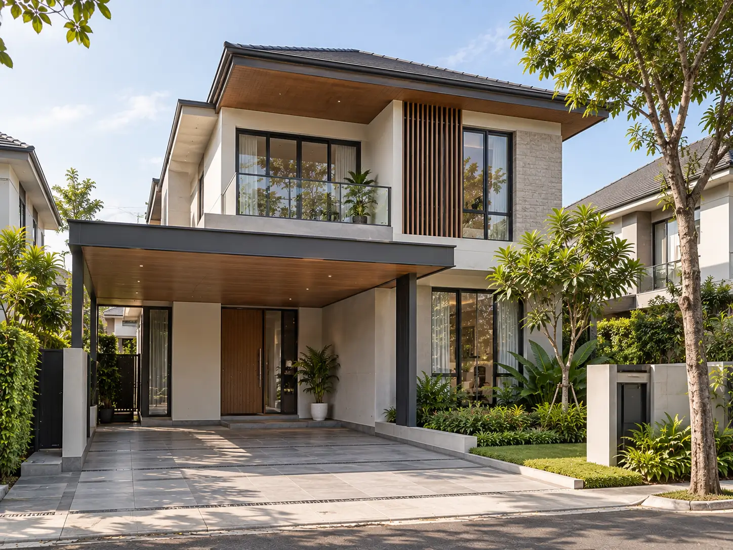 Inspirasi rumah keluarga dua lantai dengan carport dan balkon
